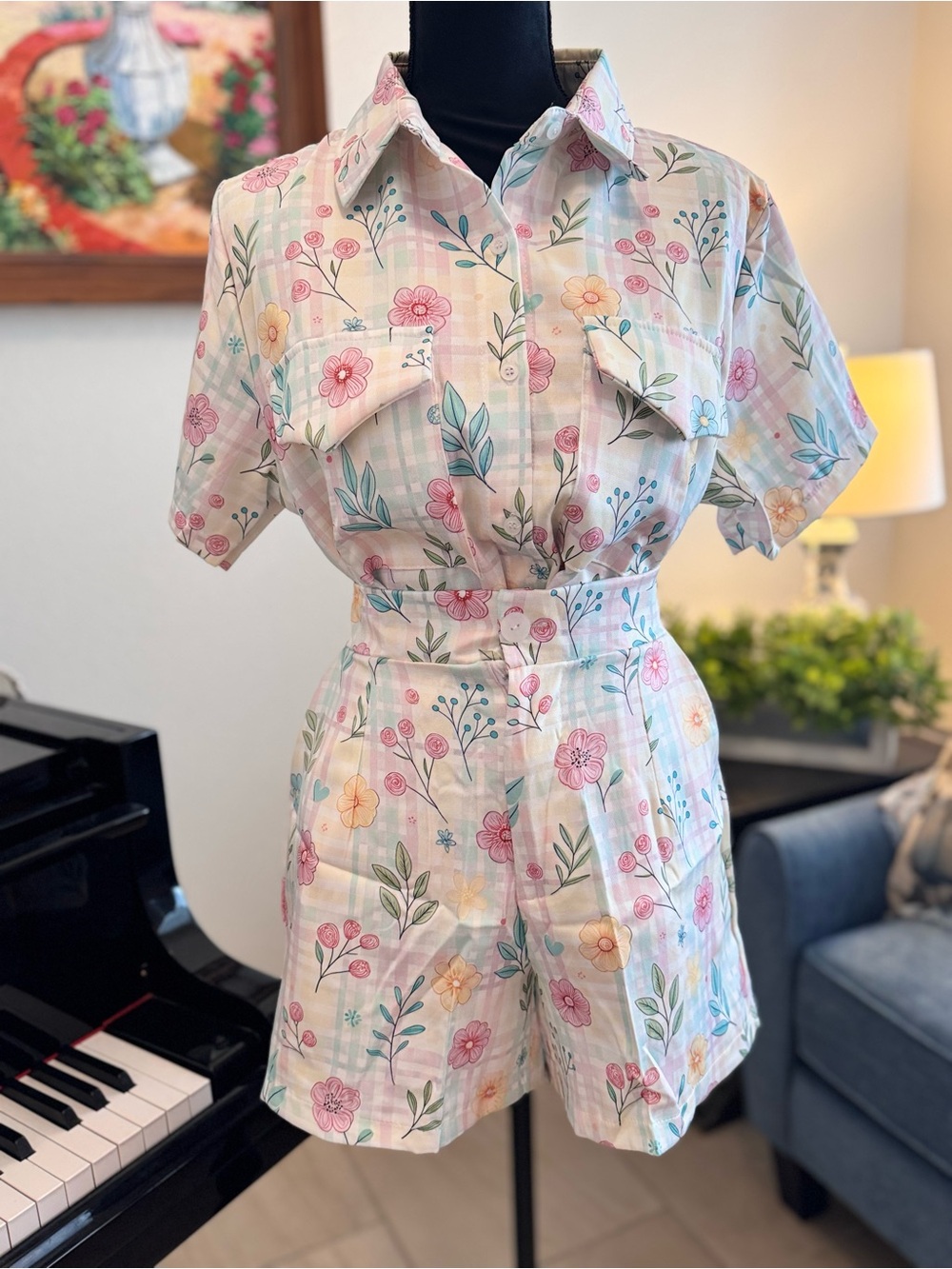 2- Pc Floral Print Short Jumpsuit - Pink & Mint